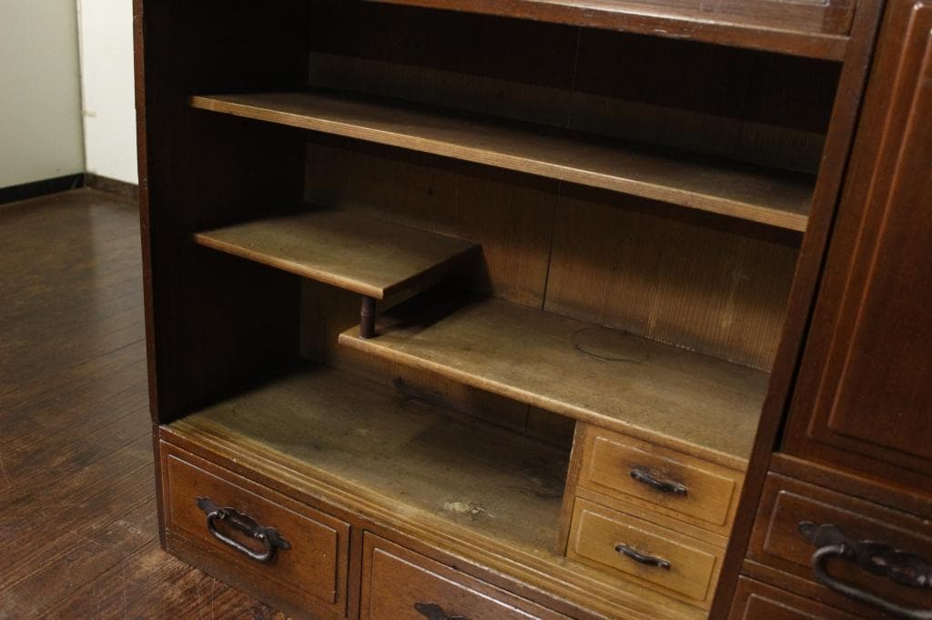 古い木製茶箪笥 収納棚/和家具/飾棚/食器棚時代箪笥/茶道具/ガラス戸棚/煎茶棚