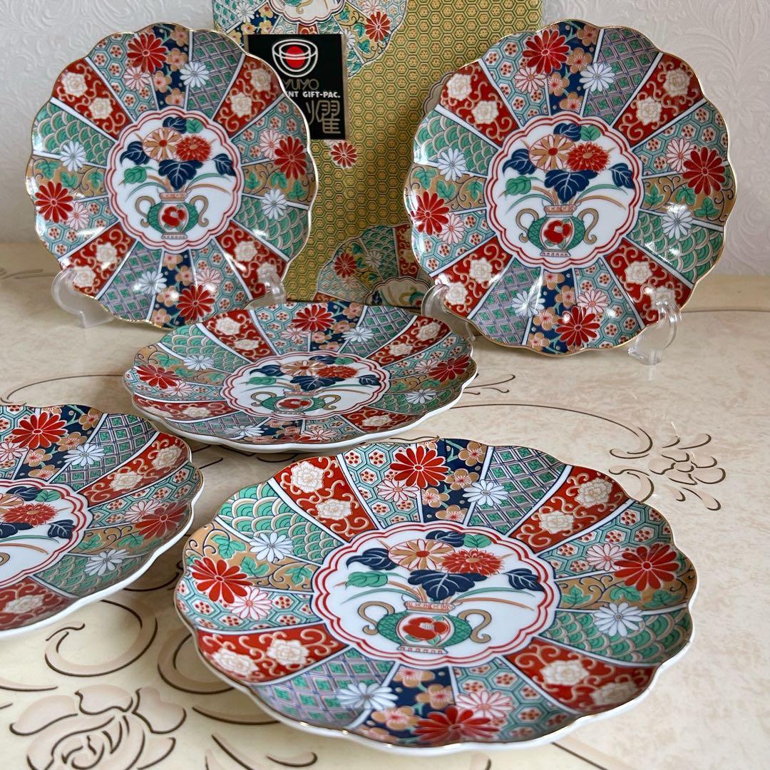 有田焼　陶扇　菊割皿　5枚セット　錦絵　中皿　和皿　金彩色絵　赤絵 古伊万里