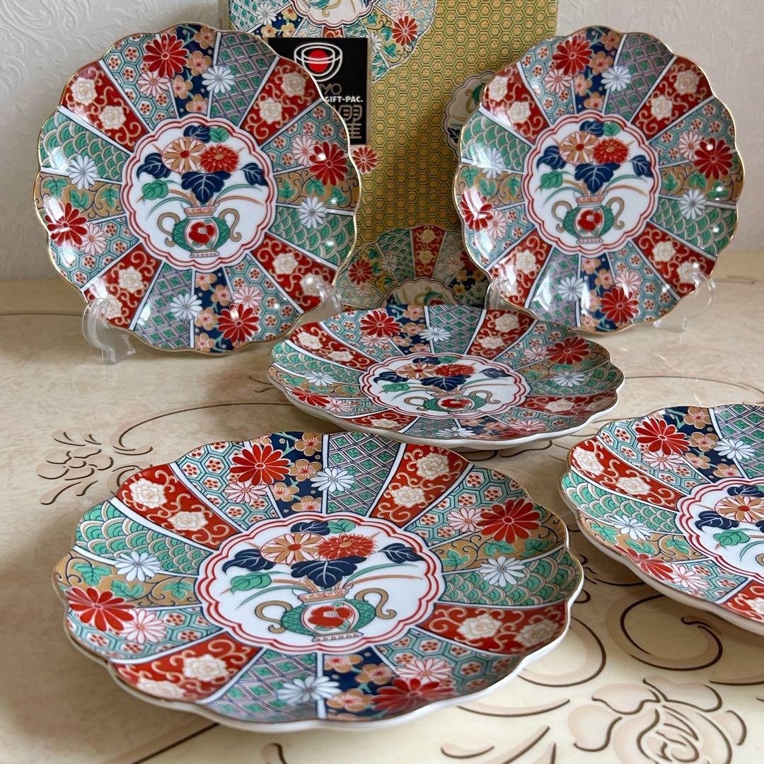 有田焼　陶扇　菊割皿　5枚セット　錦絵　中皿　和皿　金彩色絵　赤絵 古伊万里