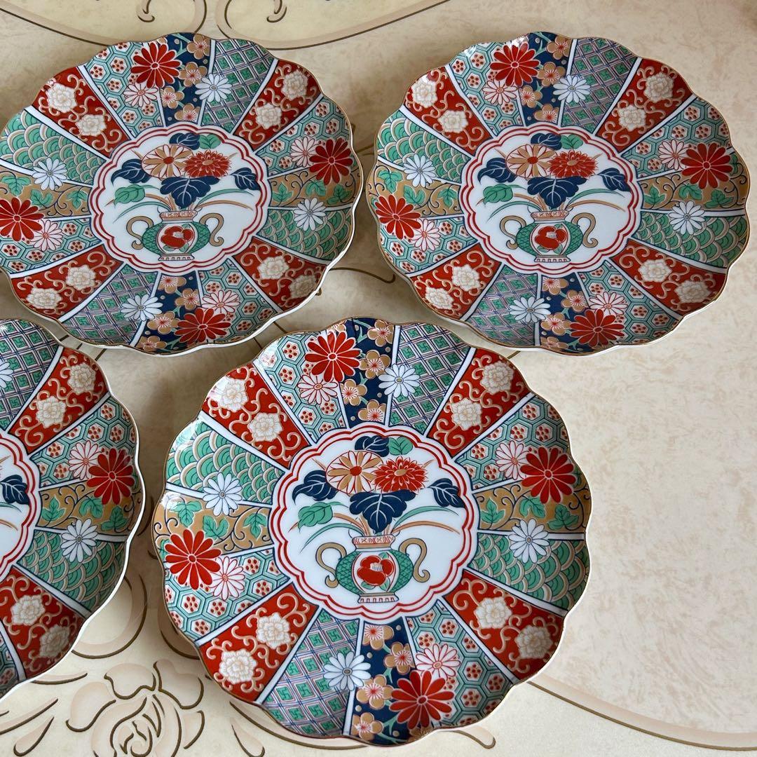 有田焼　陶扇　菊割皿　5枚セット　錦絵　中皿　和皿　金彩色絵　赤絵 古伊万里