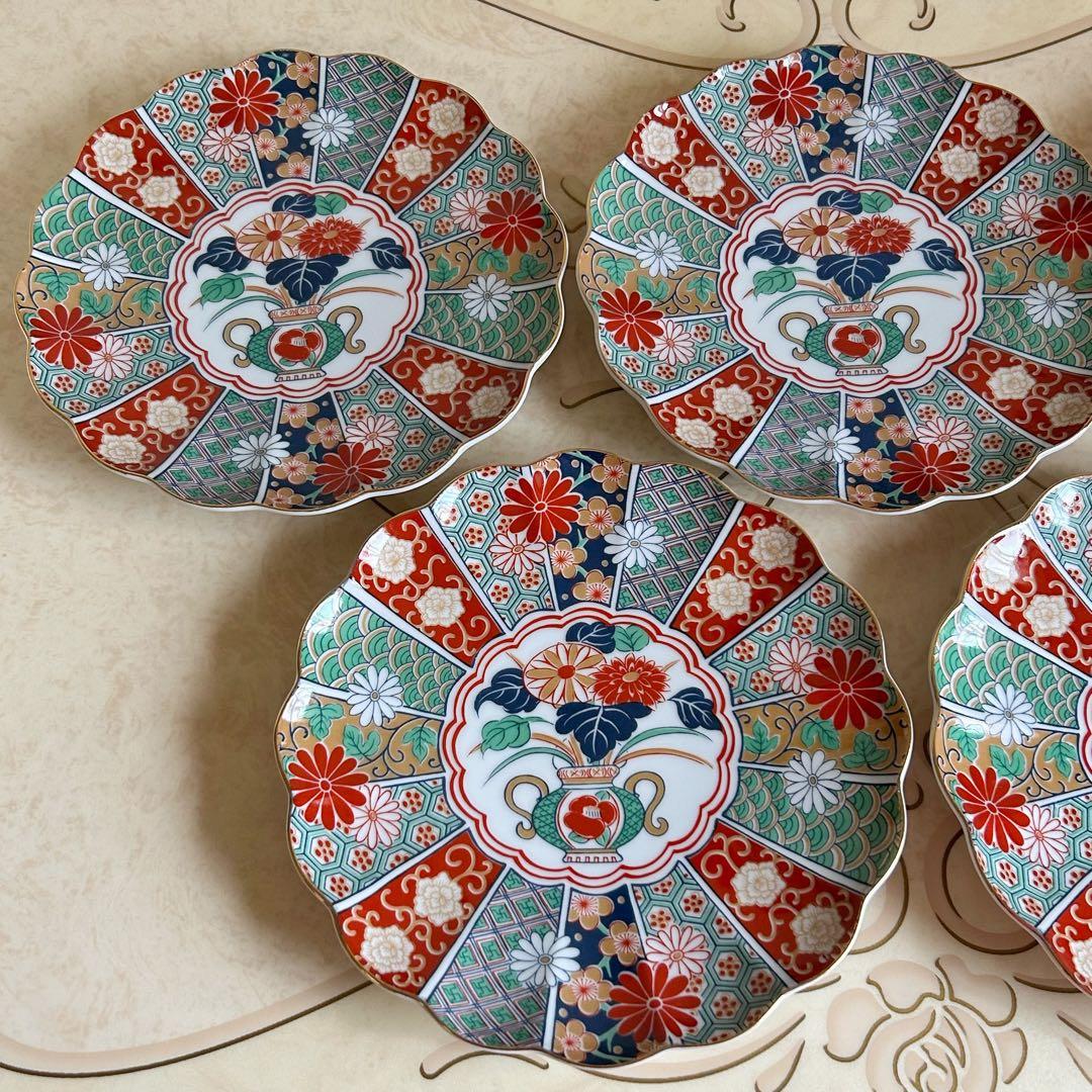 有田焼　陶扇　菊割皿　5枚セット　錦絵　中皿　和皿　金彩色絵　赤絵 古伊万里