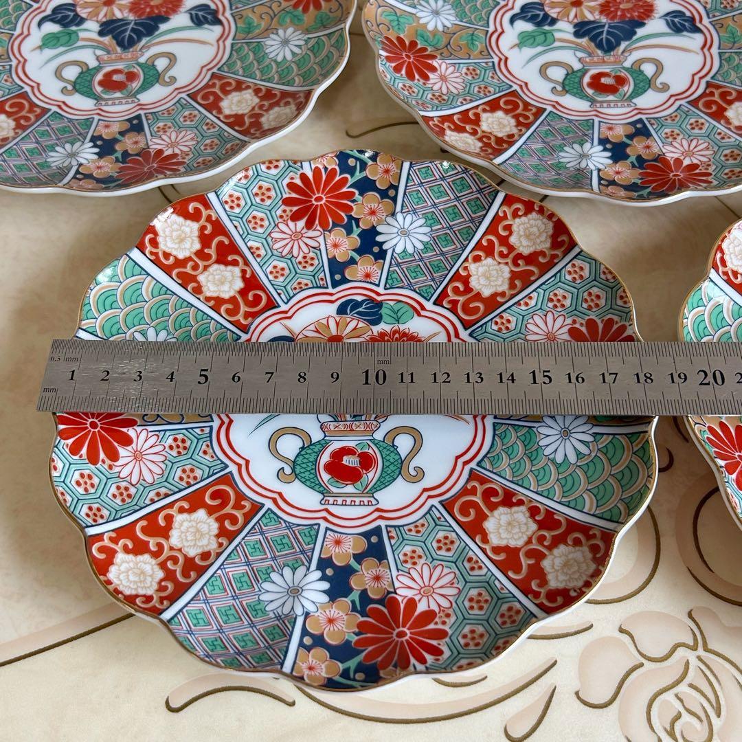 有田焼　陶扇　菊割皿　5枚セット　錦絵　中皿　和皿　金彩色絵　赤絵 古伊万里