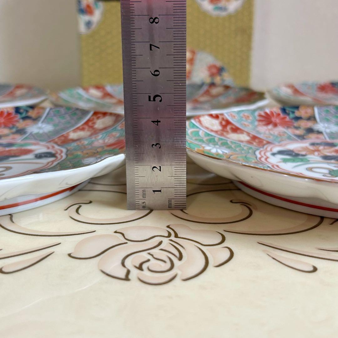 有田焼　陶扇　菊割皿　5枚セット　錦絵　中皿　和皿　金彩色絵　赤絵 古伊万里