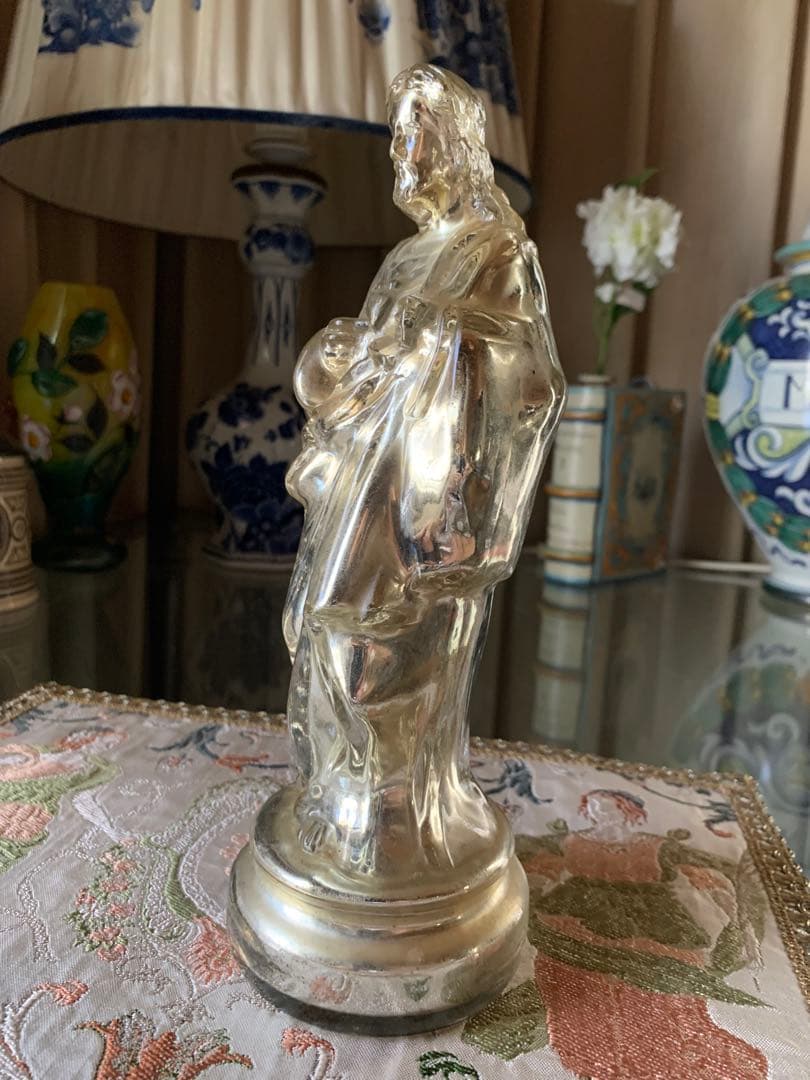 フランス製アンティーク　激レア・メーキュリーガラス聖心キリスト立像！
