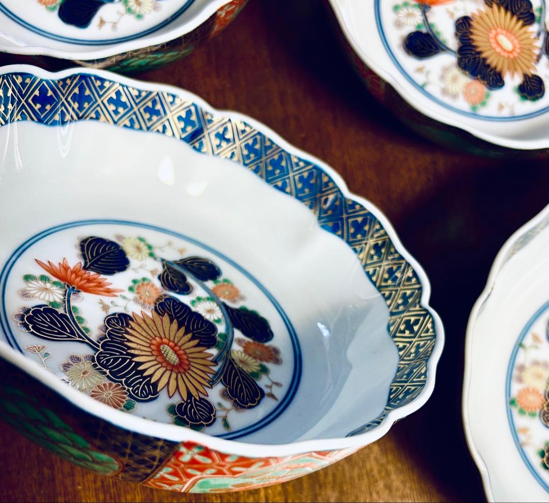 賞美堂 幸楽窯　染錦間取地紋見込菊　本皿揃　5客セット 有田焼