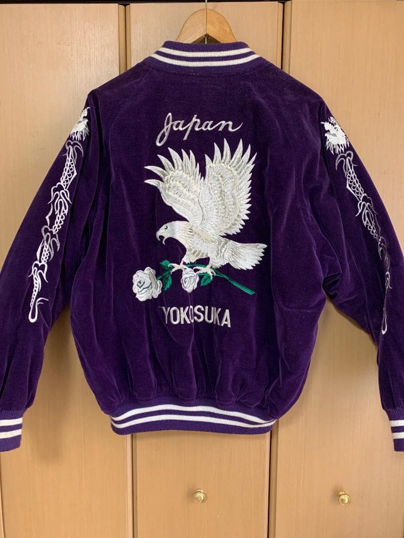 スカジャン日本製　紫ベロア生地　白鷹＆薔薇＆龍の刺繍　サイズ：フリー