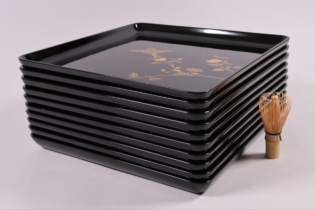 【MB204】天然木漆塗 花鳥絵替金蒔絵 黒塗卓上膳十客 四方膳 36.3cｍ