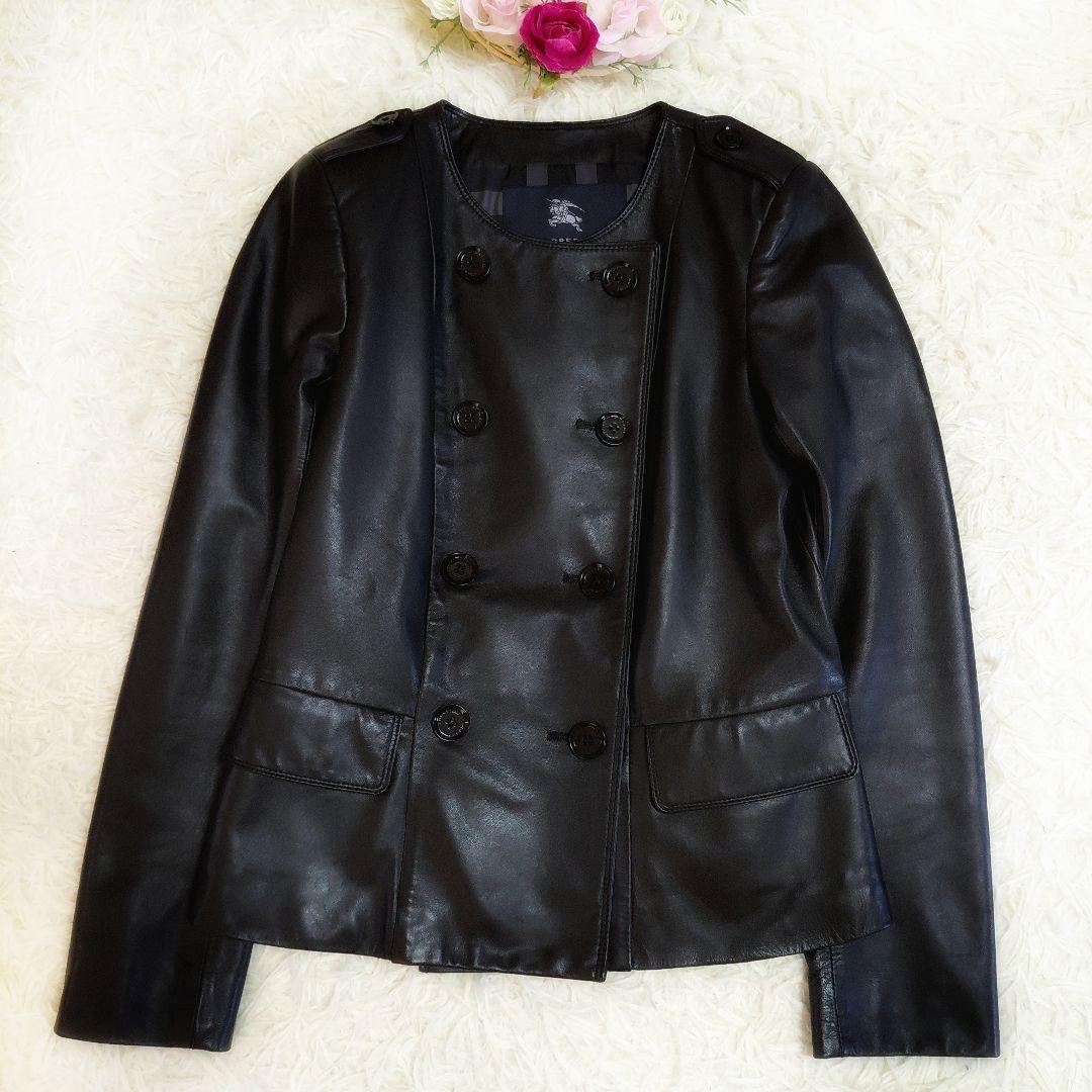 極美品✨バーバリーロンドン　羊皮ライダースジャケット 　ノーカラー　裏地チェック