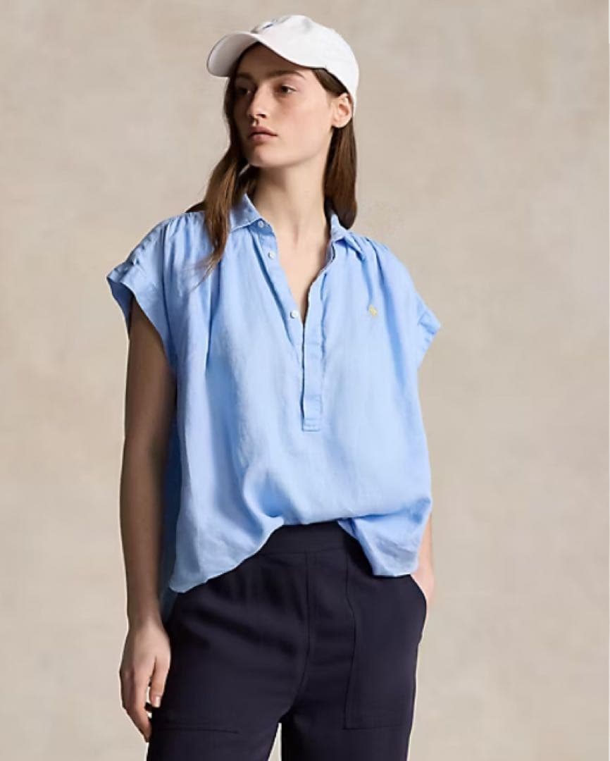 美品 ポロラルフローレン リネン ポップオーバー シャツ フレンチスリーブ S