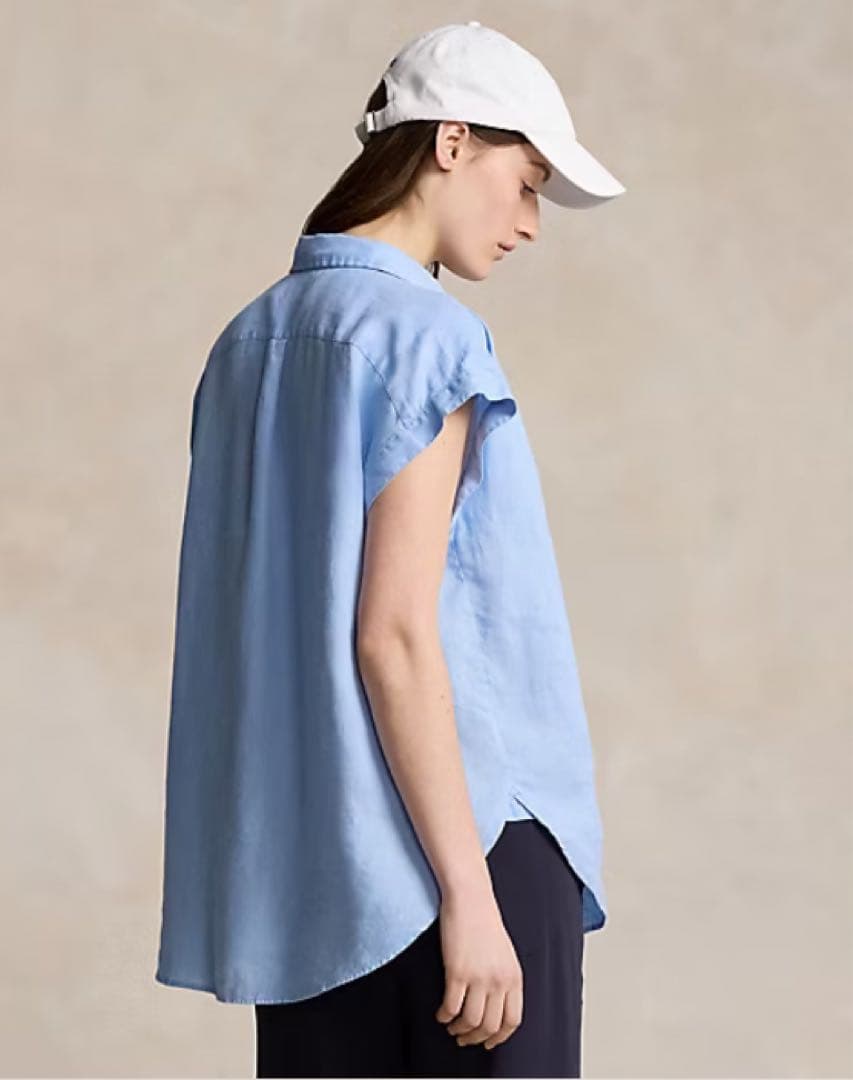 美品 ポロラルフローレン リネン ポップオーバー シャツ フレンチスリーブ S