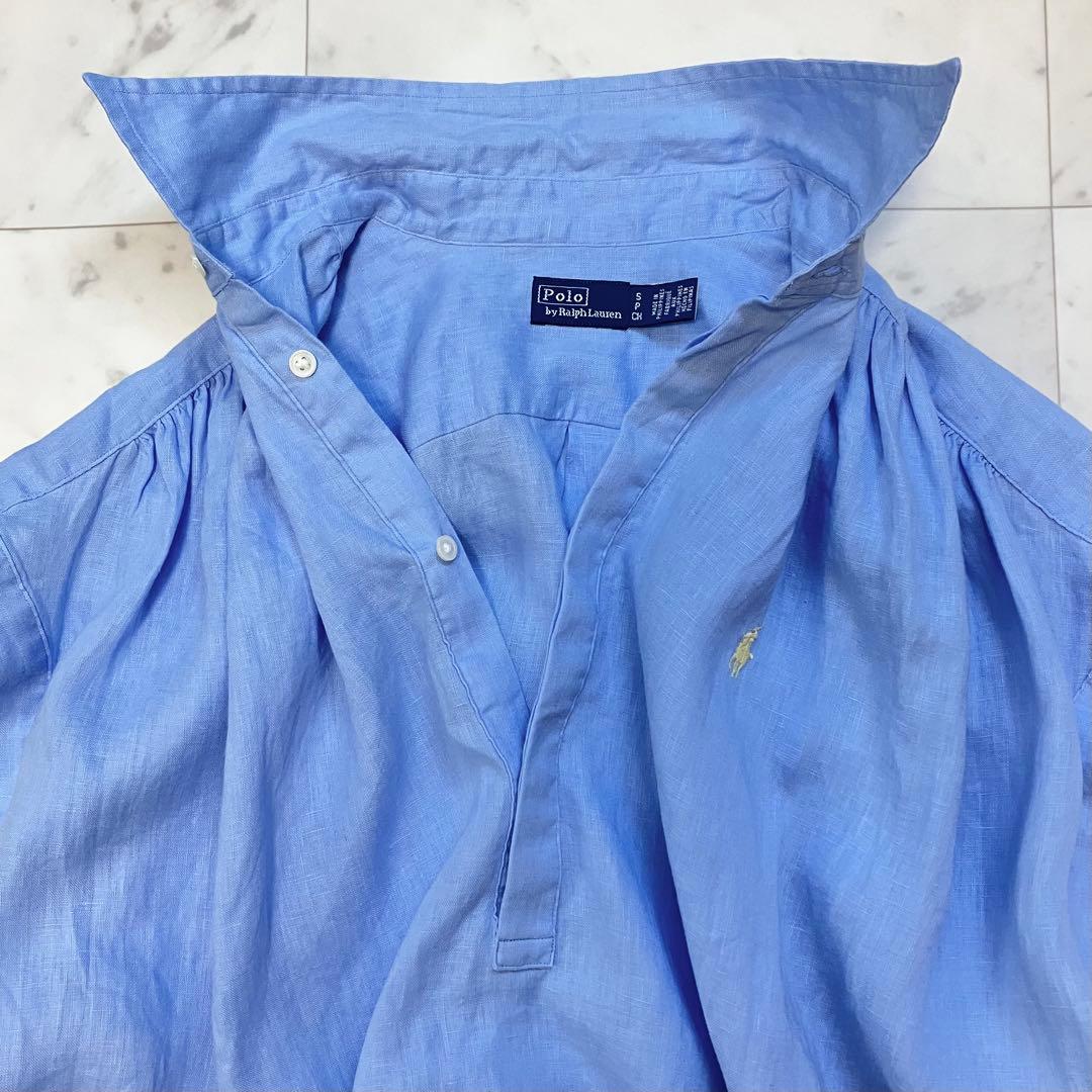 美品 ポロラルフローレン リネン ポップオーバー シャツ フレンチスリーブ S