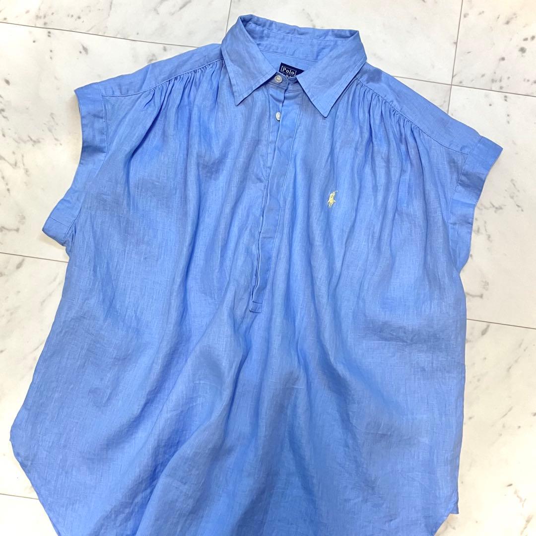 美品 ポロラルフローレン リネン ポップオーバー シャツ フレンチスリーブ S