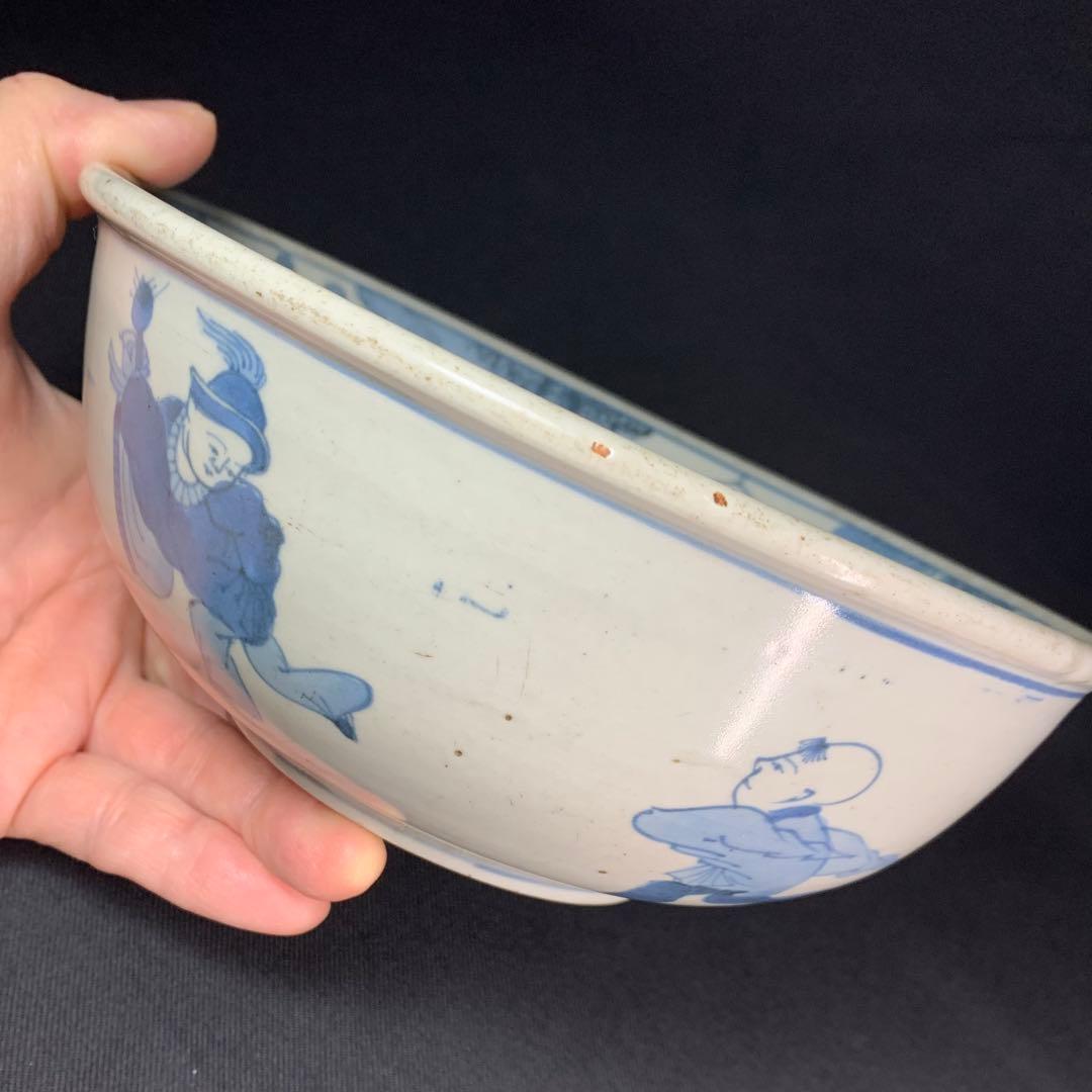 K684⭐︎湖東焼 染付 見込みは五弁花 唐子文 二重角福 献上手 鉢