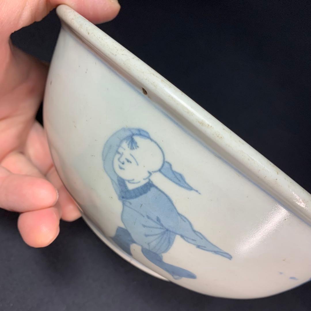 K684⭐︎湖東焼 染付 見込みは五弁花 唐子文 二重角福 献上手 鉢