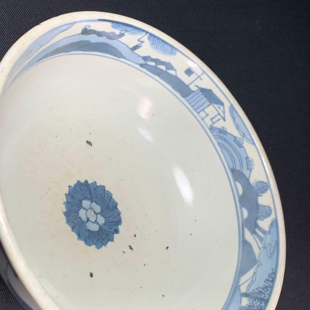 K684⭐︎湖東焼 染付 見込みは五弁花 唐子文 二重角福 献上手 鉢
