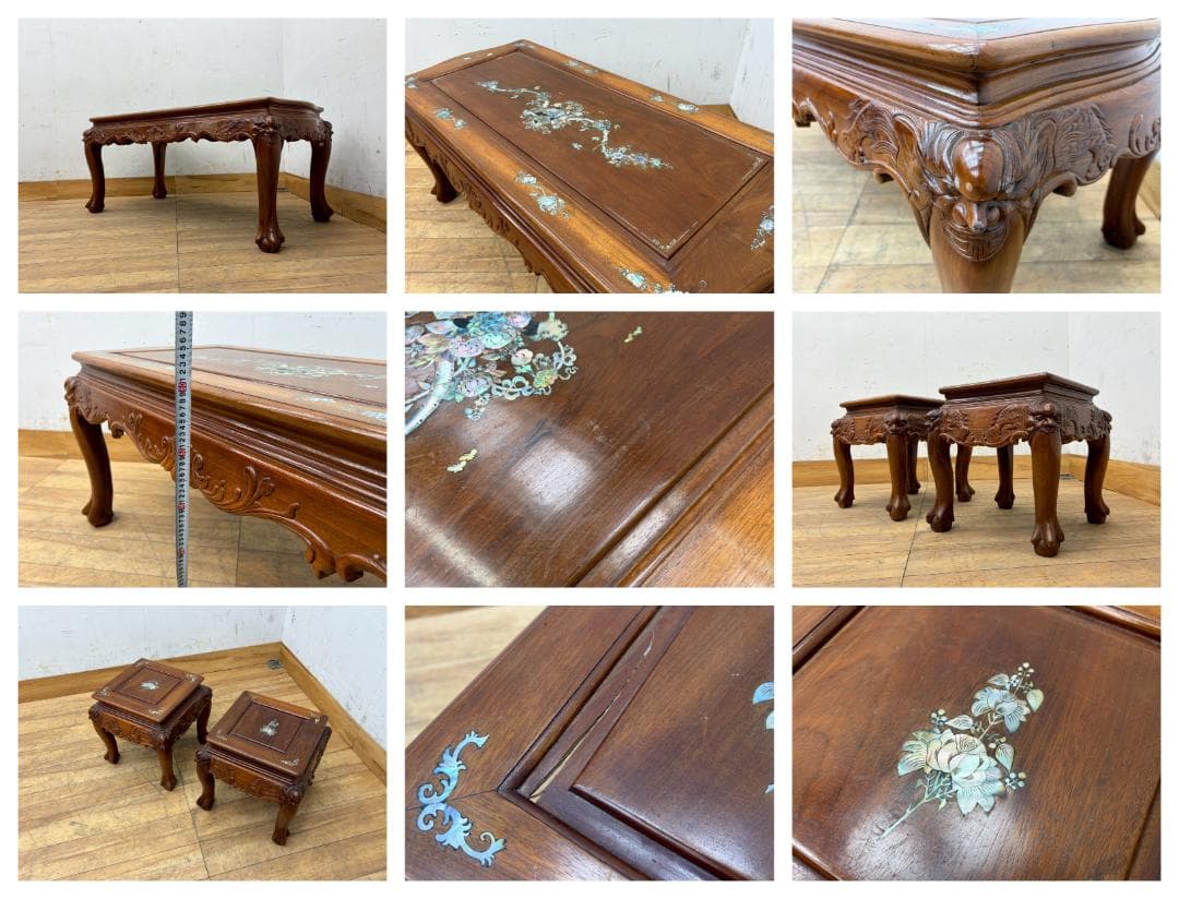 T7990☆美品☆花梨無垢材☆螺鈿細工☆応接6点セット☆唐木家具☆彫刻☆中国☆