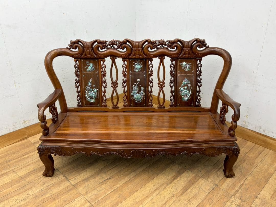 T7990☆美品☆花梨無垢材☆螺鈿細工☆応接6点セット☆唐木家具☆彫刻☆中国☆