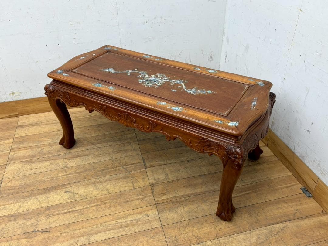 T7990☆美品☆花梨無垢材☆螺鈿細工☆応接6点セット☆唐木家具☆彫刻☆中国☆