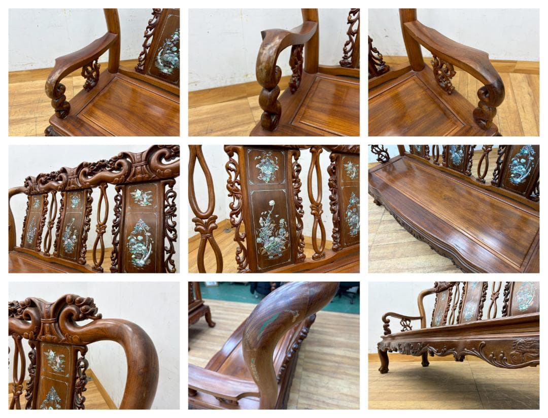 T7990☆美品☆花梨無垢材☆螺鈿細工☆応接6点セット☆唐木家具☆彫刻☆中国☆