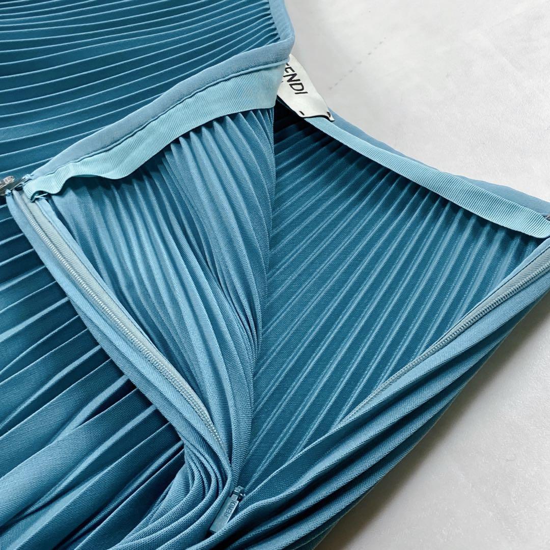 極美品 現行タグ FENDI モヘア プリーツスカート ロング ターコイズブルー