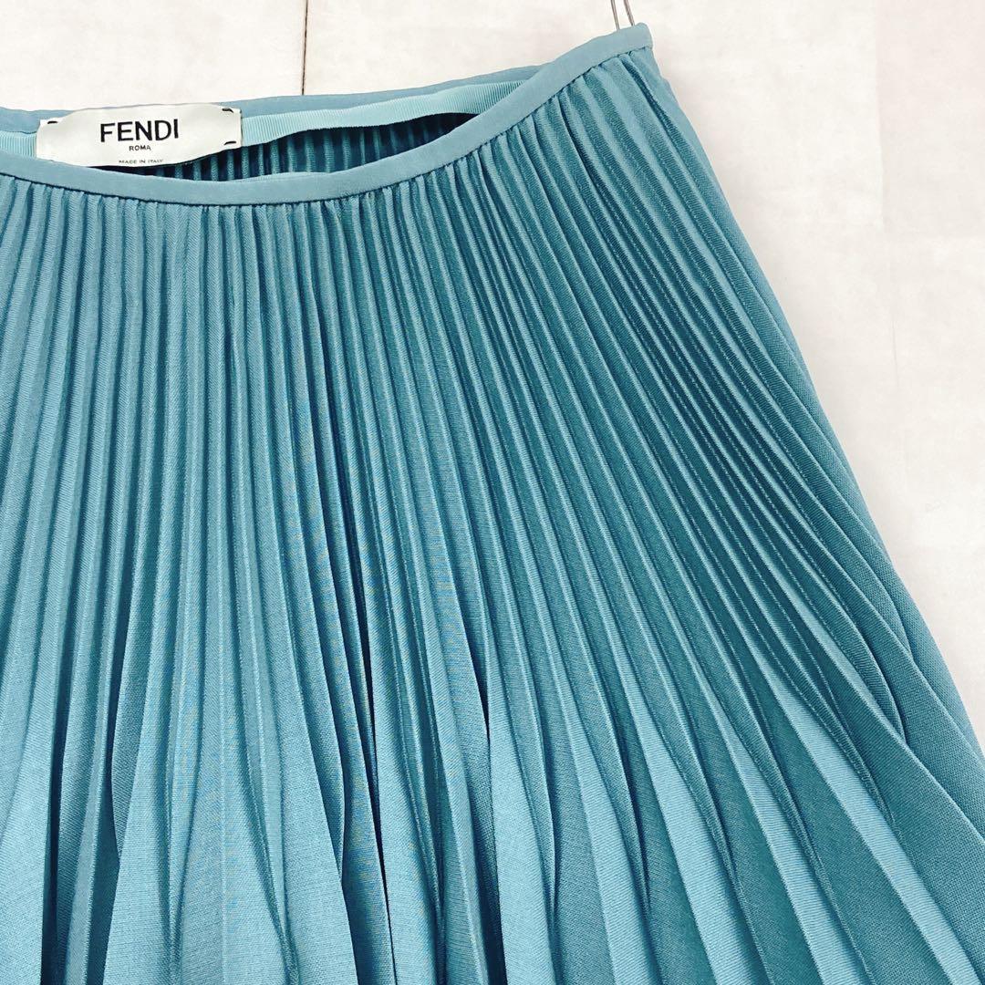 極美品 現行タグ FENDI モヘア プリーツスカート ロング ターコイズブルー