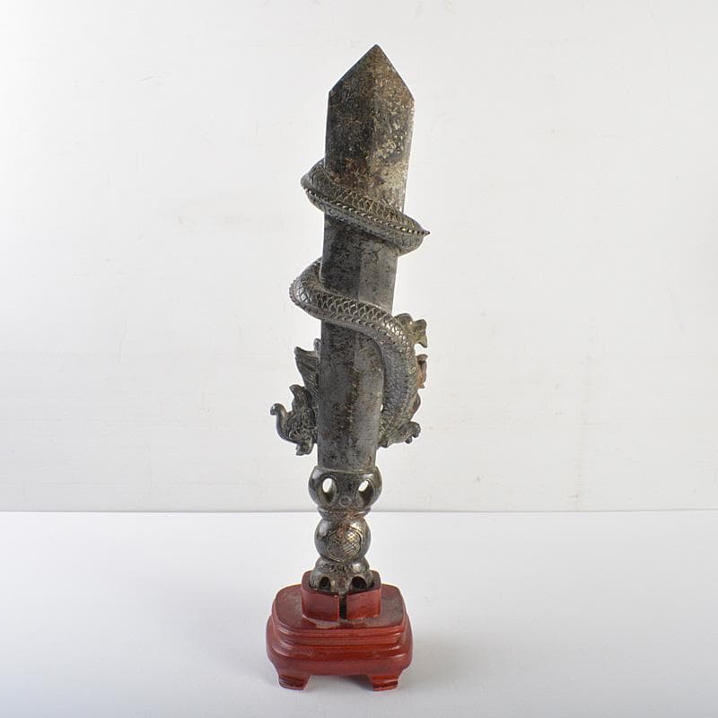 玉石彫刻　龍神　具利伽羅大龍　不動明王　約2kg　唐木台付　V　R7519