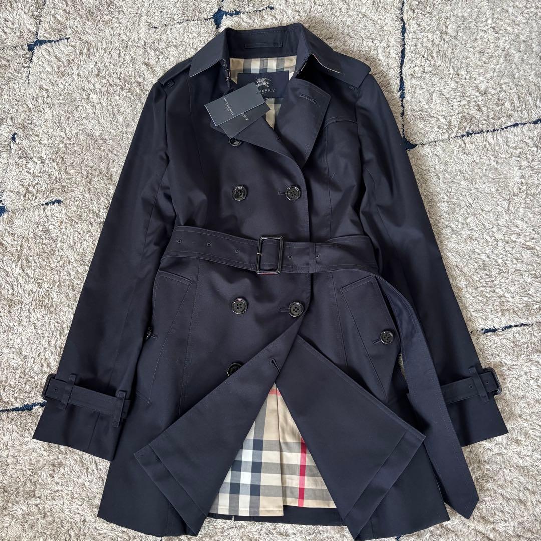 【タグ付き✨】バーバリーロンドン　トレンチコート　メガチェック　レザー　紺　40
