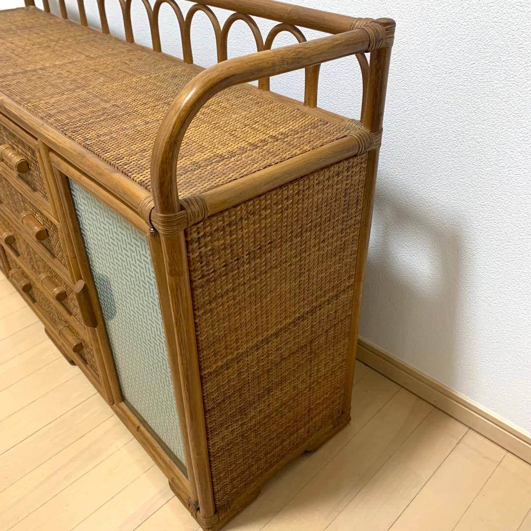 ラタン 籐家具 サイドボードチェスト 4段 ヴィンテージ ガラス扉