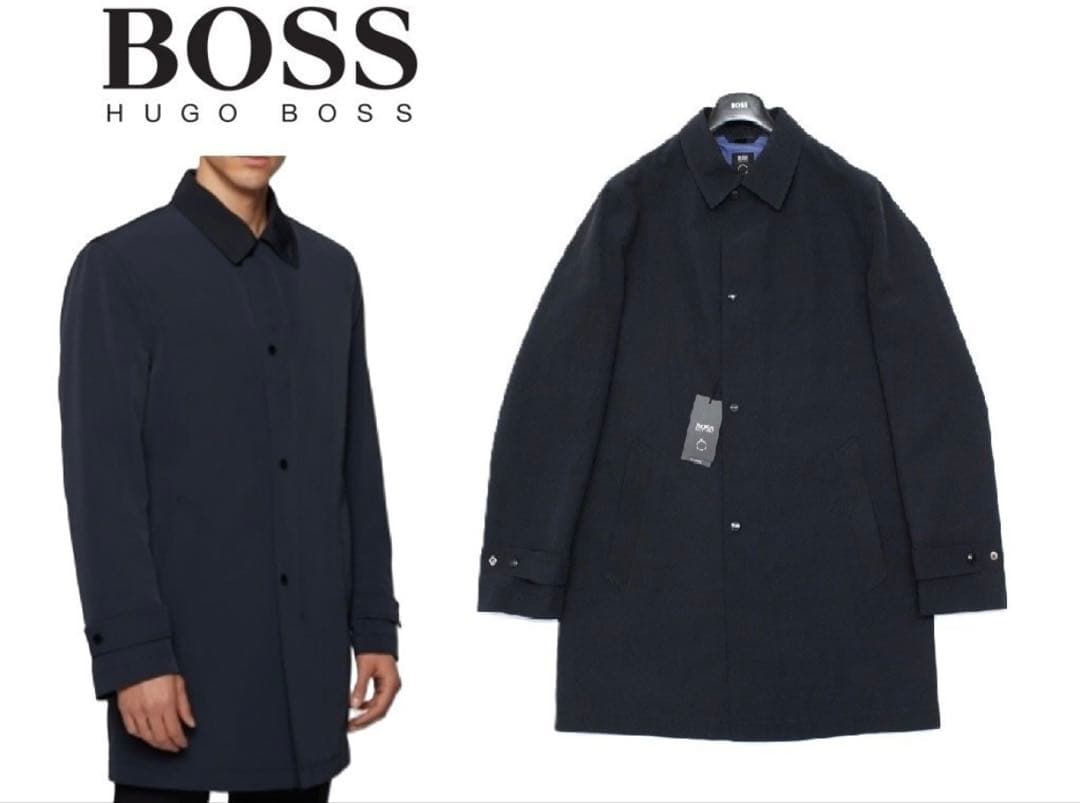 22万新品 52=L◆BOSS ヒューゴボス撥水ステンカラーコートダークブルー