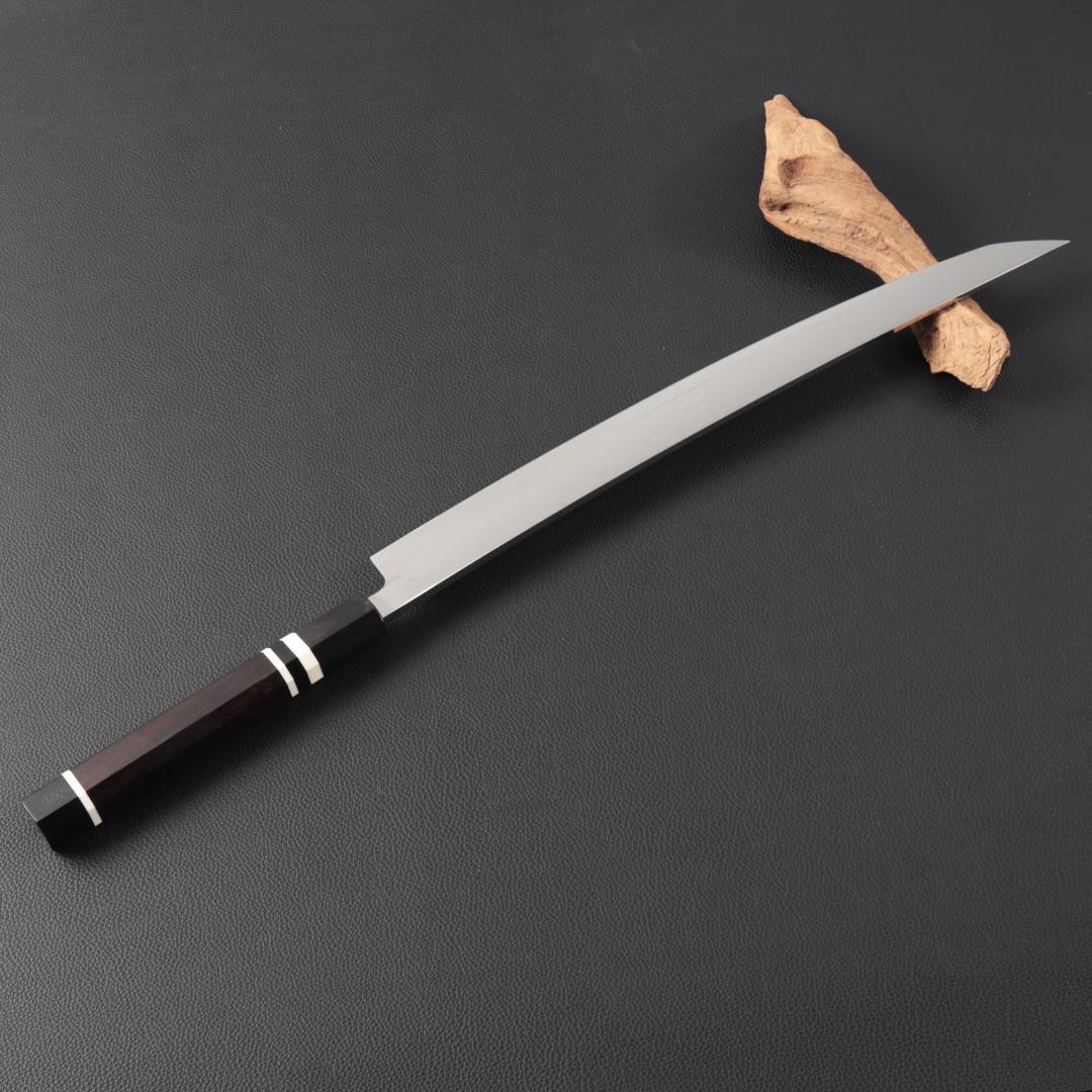 10968鬼反り先丸包丁尺二鏡面仕上げ刺身包丁刃は究極の切れ味黒檀白三本巻八角柄