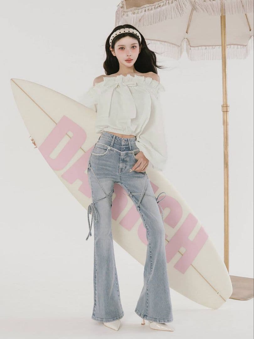 ダーリッチ ピコレースハイウエストフレアデニム