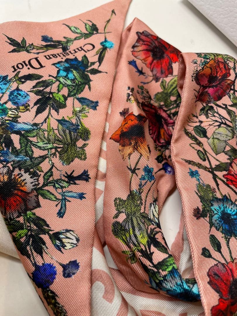 【美品】Christian Dior 花柄ピンク　リボンスカーフ　ミッツァ