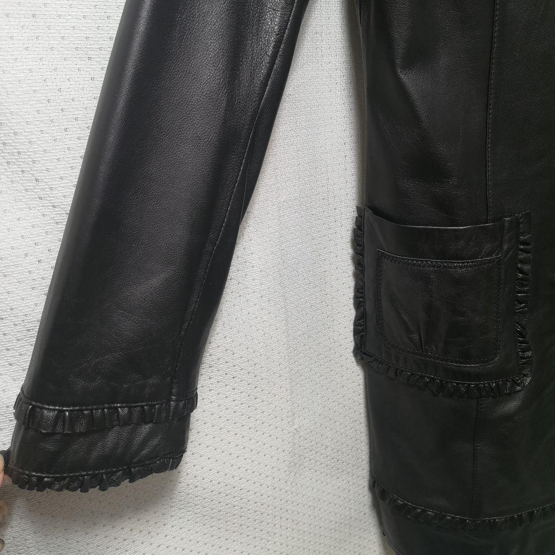 美品　MERION　柔らかい羊革フリルロングコート　ブラック