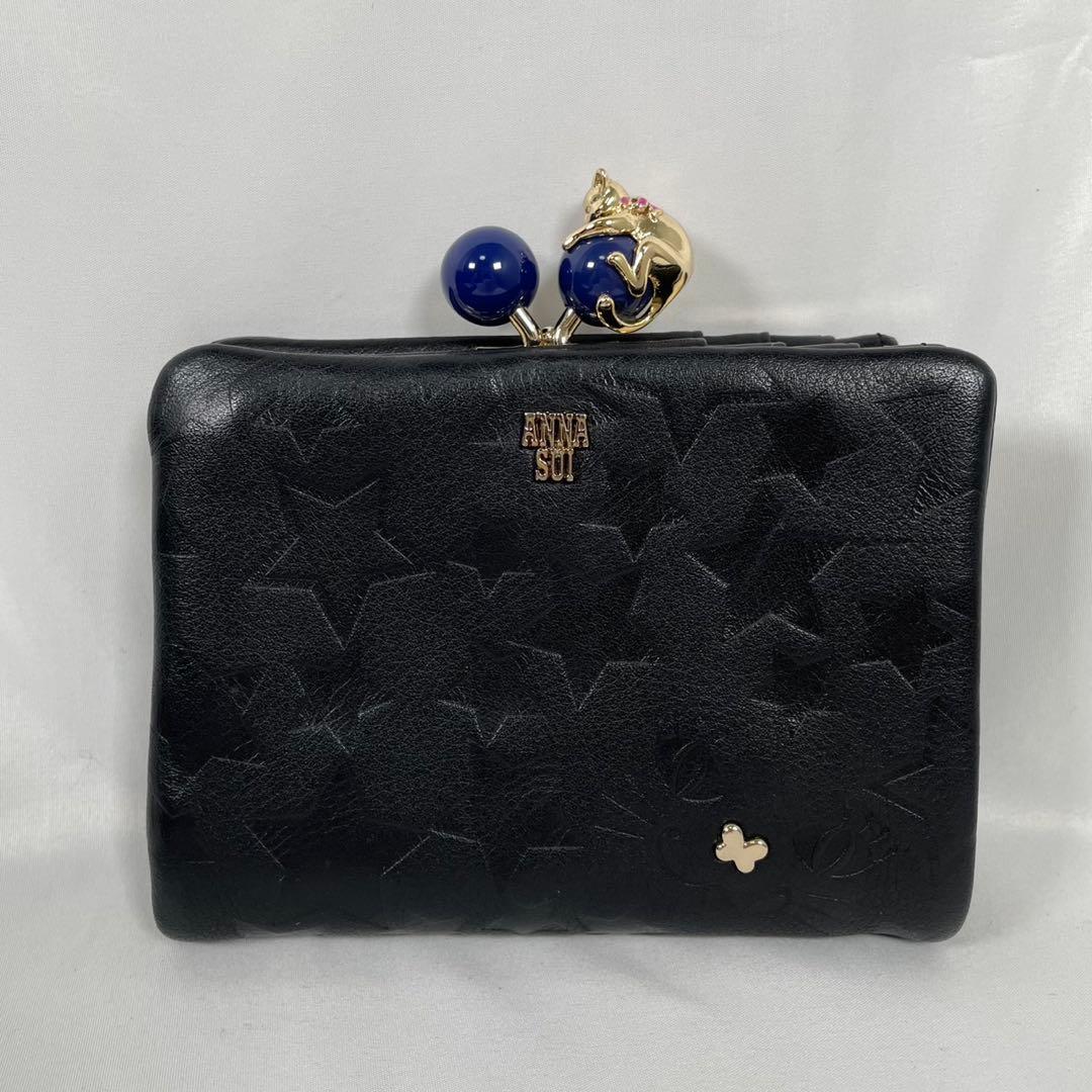 未使用に近い ANNA SUI アナスイ 二つ折り財布 がま口 猫 箱付き