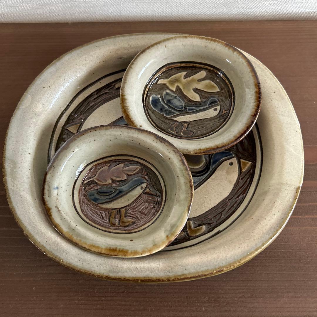 No.92 掻き落とし 楕円皿　大小セット　シロハラクイナ　やちむん