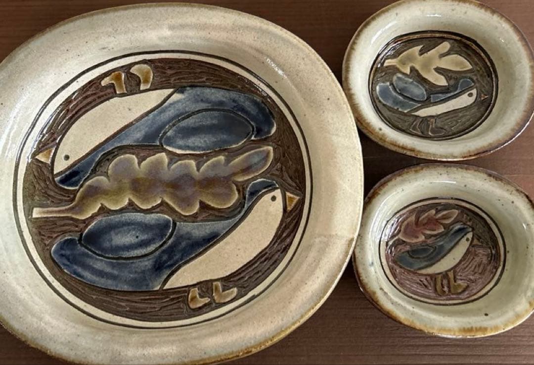 No.92 掻き落とし 楕円皿　大小セット　シロハラクイナ　やちむん