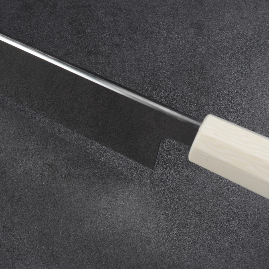 7015 鎌型薄刃包丁 8寸 刃渡り240mm 刺身包丁 人工象牙黒三本巻八角柄