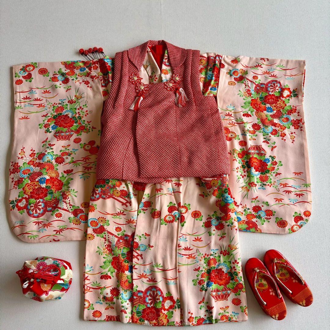 アンティーク　フルセット　七五三　３歳女の子　ピンク　絞り被布　小物　7050