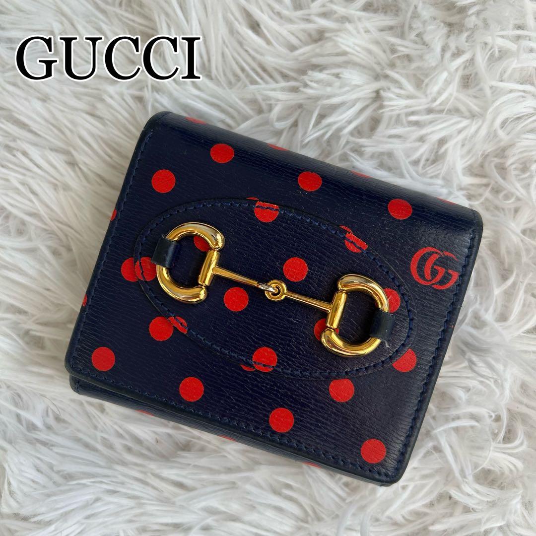 ✨美品✨希少✨グッチ ホースビット 二つ折り財布 ポルカドット ネイビー