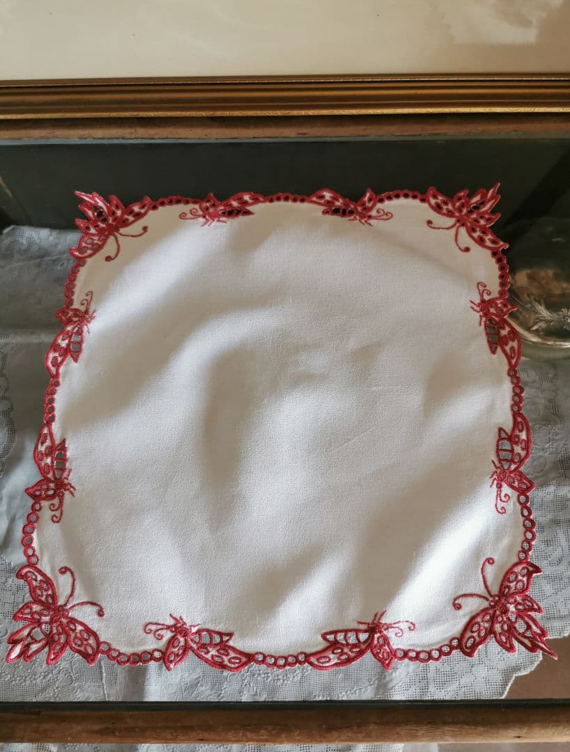 アンティークフランス オープンカットワーク パピヨン∞赤糸刺繍 縮緬風ドイリー
