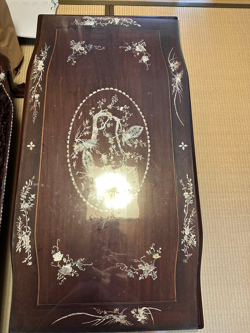 花梨木製長方形テーブル 象嵌細工