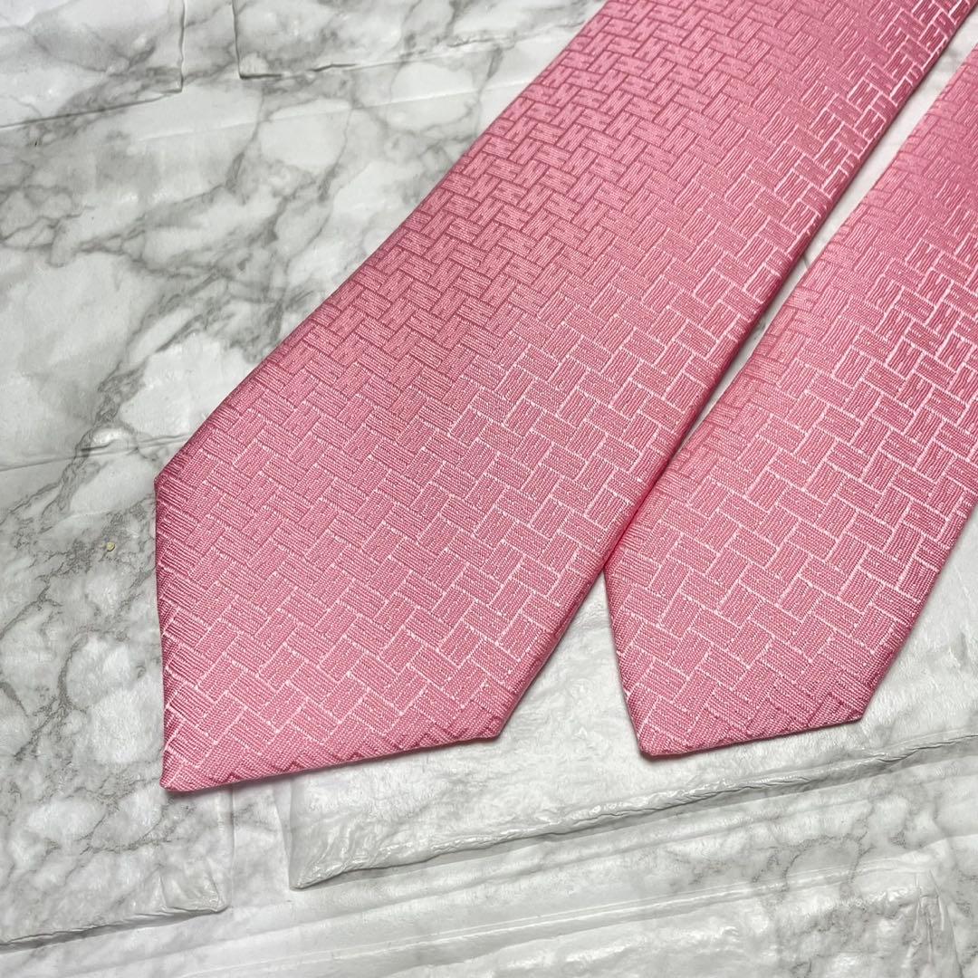 エルメス　HERMES ネクタイ　現行タグ　H織　ファソネ　ピンク　ソリッドタイ