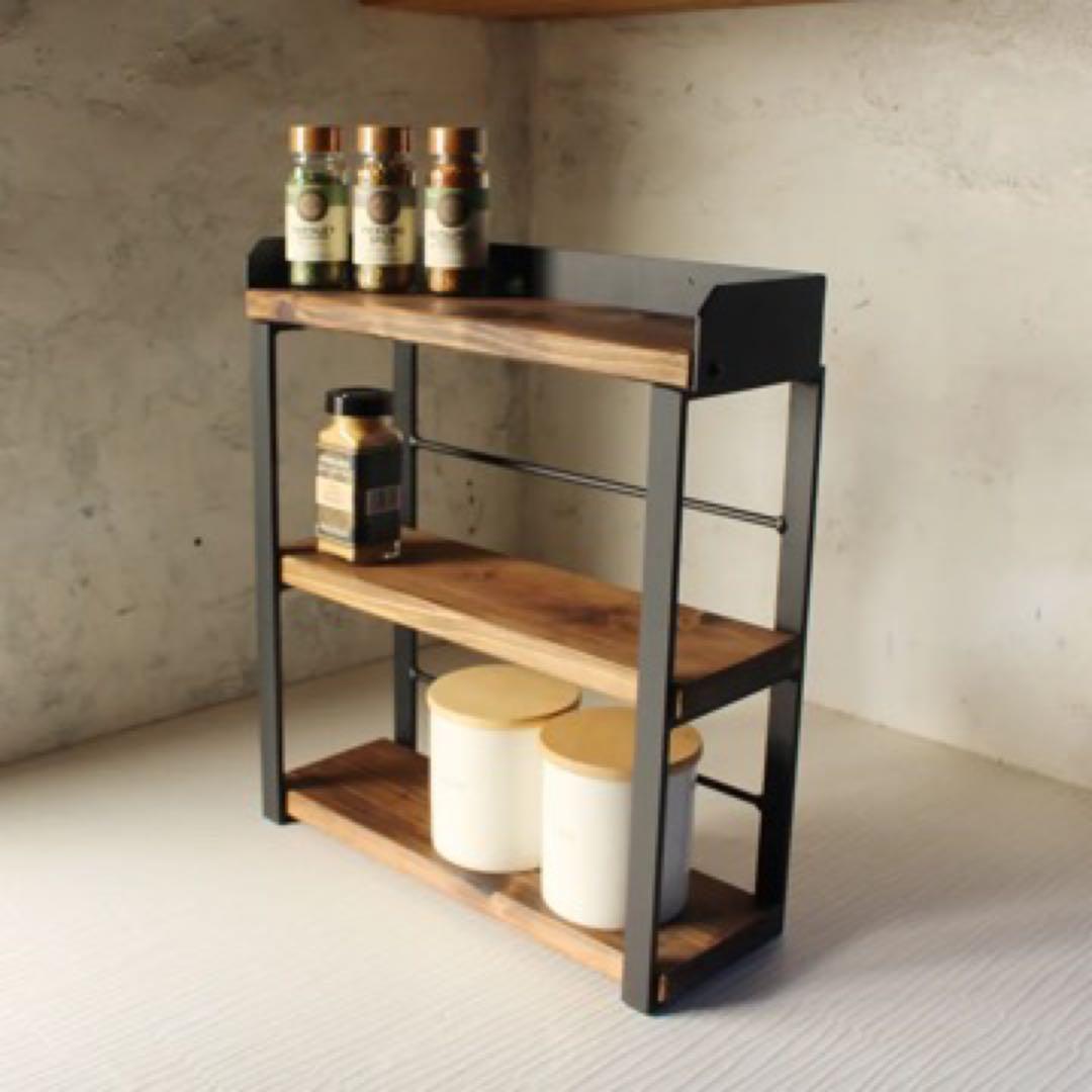 アイアン3段コンパクトスパイスラック！調味料棚！落下防止平鉄