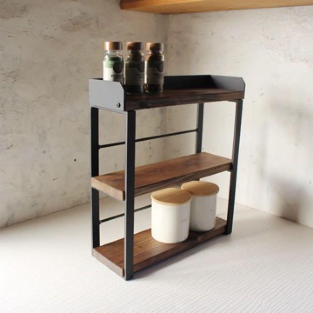アイアン3段コンパクトスパイスラック！調味料棚！落下防止平鉄