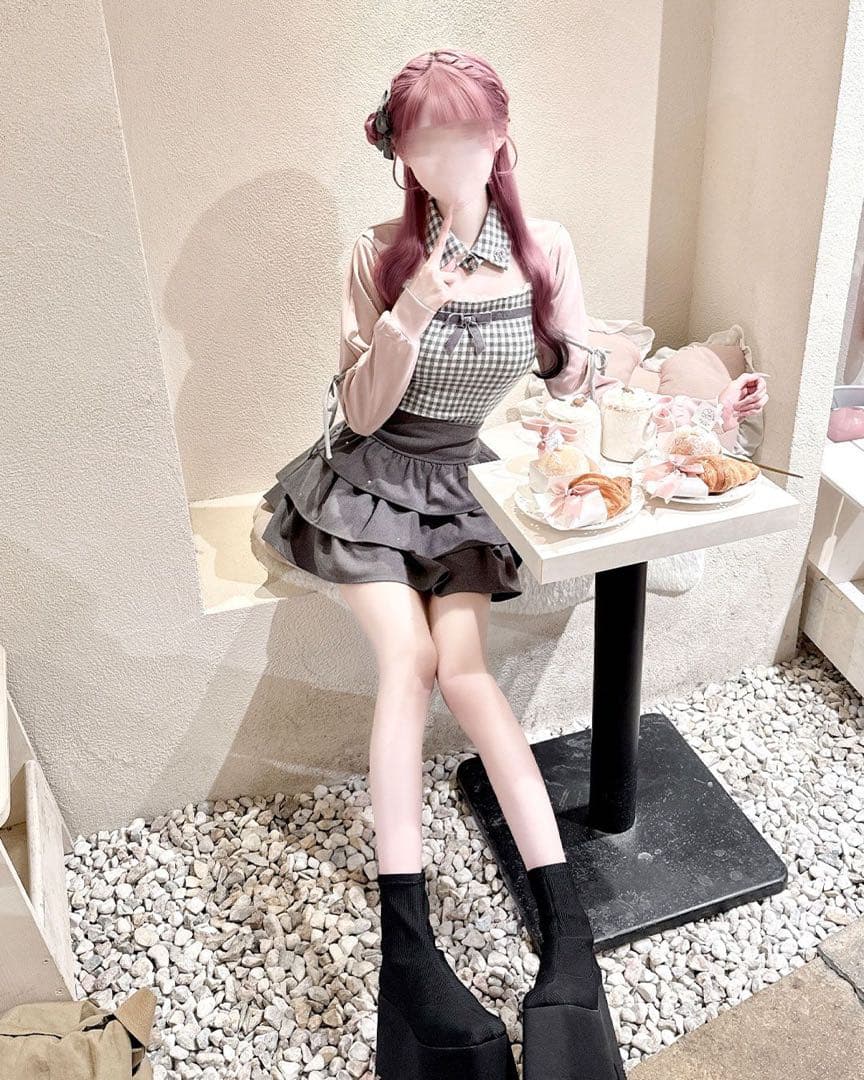 ハニーミュウ リボンスリットギンガムアンサンブルトップス HONEYMEW