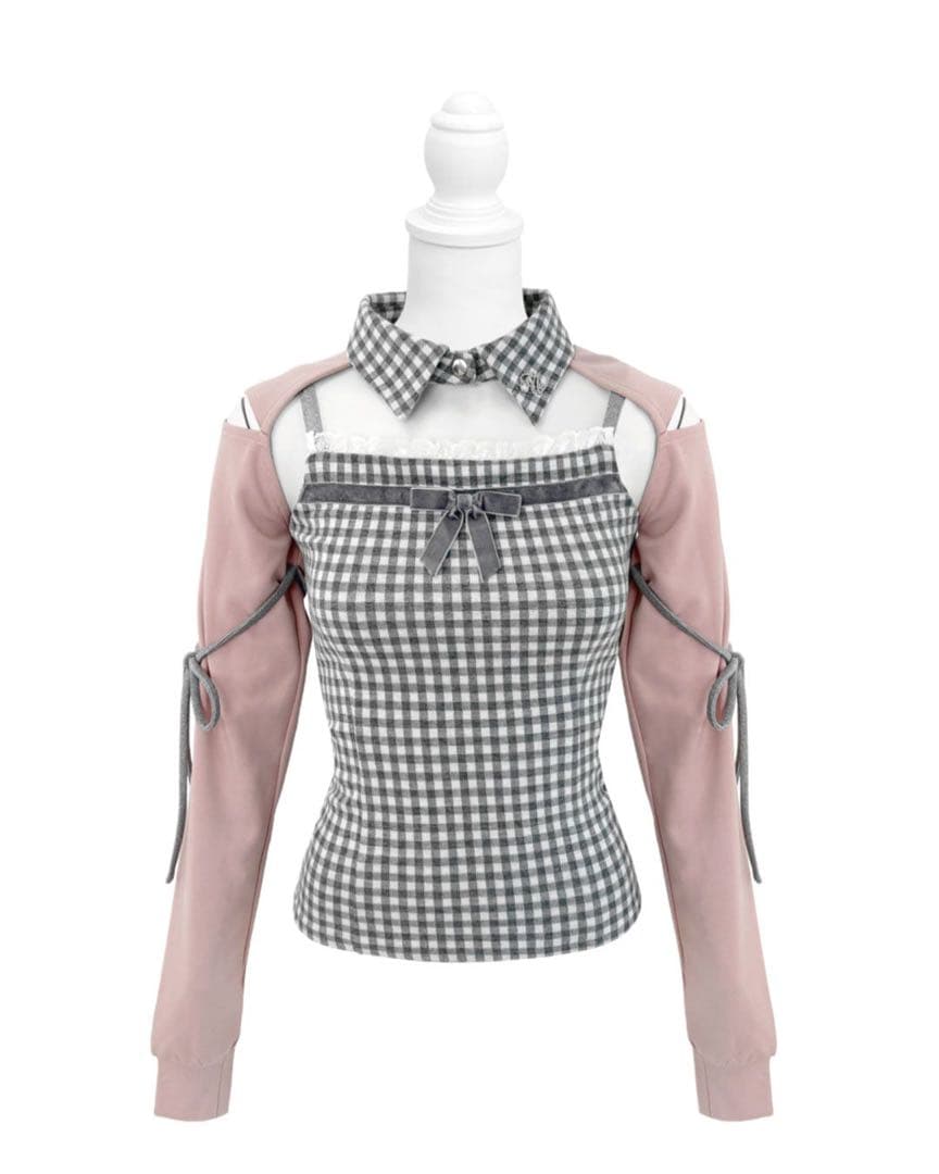 ハニーミュウ リボンスリットギンガムアンサンブルトップス HONEYMEW