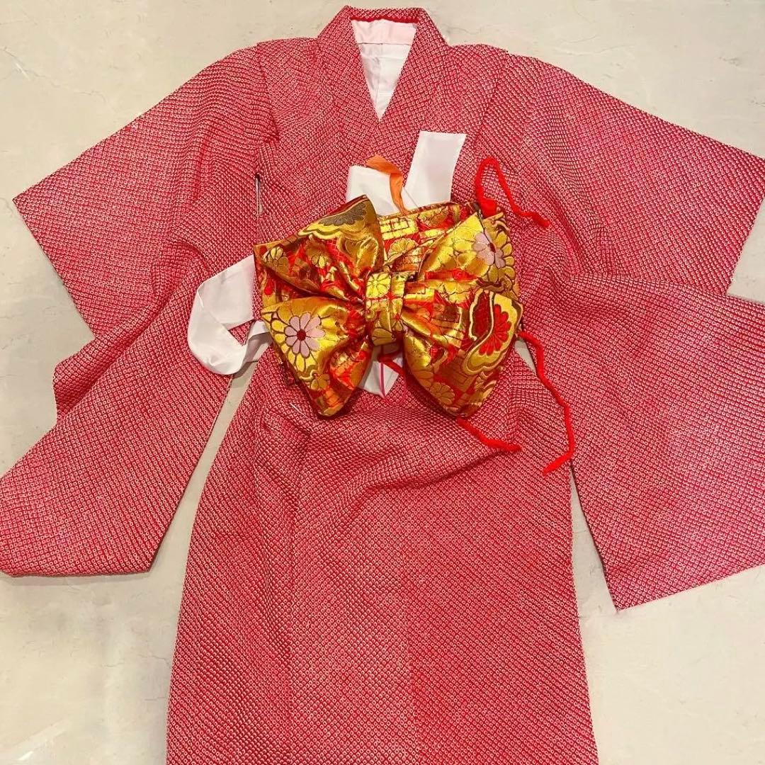 着物 正絹 朱赤 赤 総絞り 絞り 疋田柄 七五三 3歳 7歳 四つ身 お祝い
