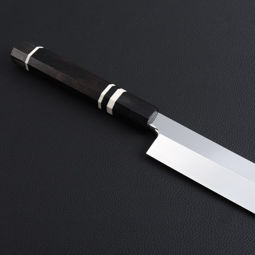 8311先丸包丁 尺一 鏡面仕上げ 刃は究極の切れ味 黒檀黒水牛角白三本巻八角柄