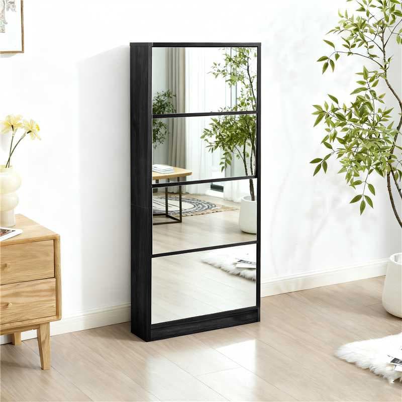 【鏡タイプ】下駄箱4段 シューズラック 玄関収納 スリムタイプ 靴収納ラック 黒