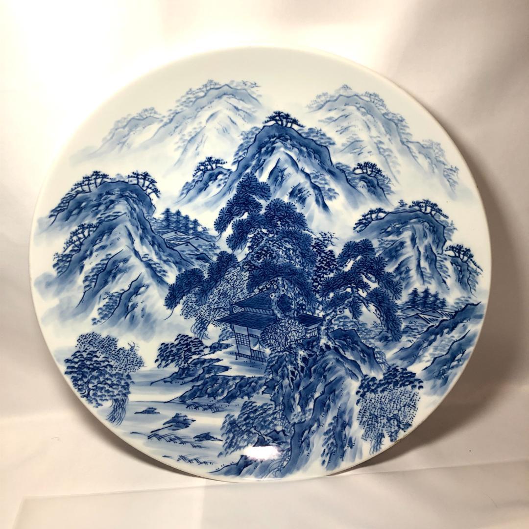 有田焼　特大皿　緒方松右衛門 染付け 山水図 手書き 45.5cm　レトロ品